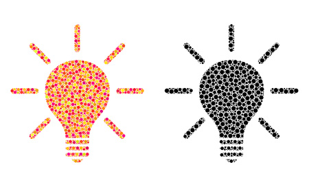 Pixel light bulb mosaic icons. Vector light bulb icons in multi-colored and black versions. Collages of random round dots. Vector compositions of light bulb icons done of different round dots.のイラスト素材