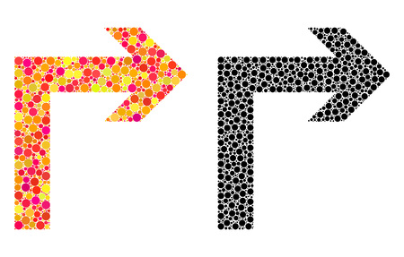 Pixel turn right mosaic icons. Vector turn right icons in bright and black versions. Collages of casual circle dots. Vector collages of turn right icons designed of randomized round dots.のイラスト素材