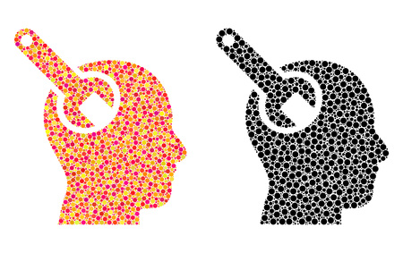 Dot brain tool mosaic icons. Vector brain tool icons in bright and black versions. Collages of different round elements. Vector collages of brain tool images formed of variable spheric particles.のイラスト素材