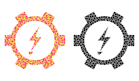 Pixel electric energy gear wheel mosaic icons. Vector electric energy gear wheel icons in bright and black versions. Collages of variable circle dots.のイラスト素材