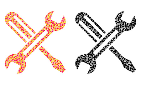 Dot tuning mosaic icons. Vector tuning icons in colorful and black versions. Collages of different round dots. Vector compositions of tuning icons created of random round pixels.のイラスト素材
