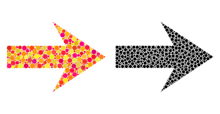 Dot arrow right mosaic icons. Vector arrow right icons in multi-colored and black versions. Collages of arbitrary round dots.のイラスト素材
