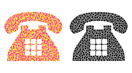 Pixel tone phone mosaic icons. Vector tone phone icons in bright and black versions. Collages of casual spheric dots. Vector collages of tone phone icons done with irregular spots.のイラスト素材