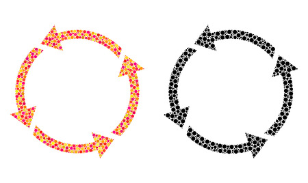 Dot recycle mosaic icons. Vector recycle icons in multi-colored and black versions. Collages of different spheric dots. Vector collages of recycle images organized of arbitrary round dots.のイラスト素材