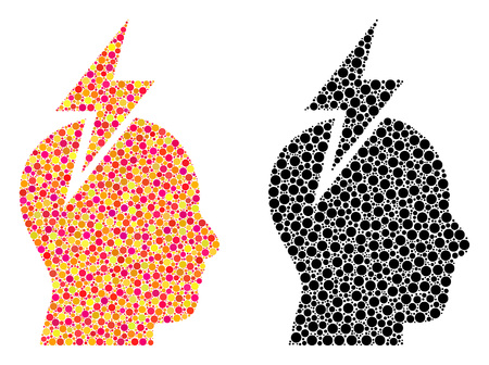 Dot headache mosaic icons. Vector headache pictograms in colorful and black versions. Collages of random circle elements. Vector collages of headache icons constructed of different circle elements.のイラスト素材