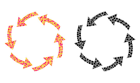 Dot circulation mosaic icons. Vector circulation pictograms in bright and black versions. Collages of arbitrary circle elements.のイラスト素材