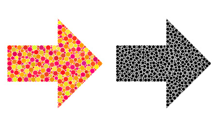 Dotted arrow right mosaic icons. Vector arrow right pictograms in colorful and black versions. Collages of casual spheric elements.のイラスト素材