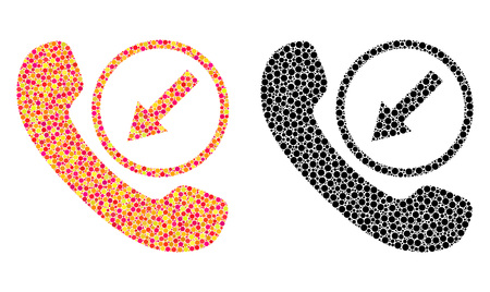 Pixel incoming call mosaic icons. Vector incoming call icons in multi-colored and black versions. Collages of randomized round dots. Vector concepts of incoming call icons done with randomized dots.のイラスト素材