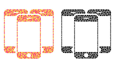 Dot smartphones mosaic icons. Vector smartphones icons in bright and black versions. Collages of irregular round dots. Vector collages of smartphones icons composed of random small spheres.のイラスト素材