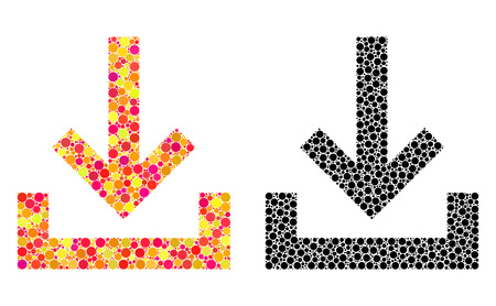 Dotted inbox mosaic icons. Vector inbox pictograms in bright and black versions. Collages of irregular spheric elements. Vector collages of inbox icons created with randomized round elements.のイラスト素材