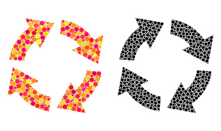 Pixel circulation mosaic icons. Vector circulation pictograms in bright and black versions. Collages of variable circle elements. Vector collages of circulation icons made of variable small spheres.のイラスト素材