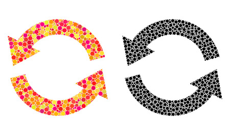 Dotted refresh mosaic icons. Vector refresh icons in colorful and black versions. Collages of random round elements. Vector collages of refresh icons organized of variable spots.のイラスト素材