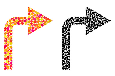 Dot turn right mosaic icons. Vector turn right icons in colorful and black versions. Collages of variable round spots. Vector collages of turn right icons constructed of different round pixels.のイラスト素材