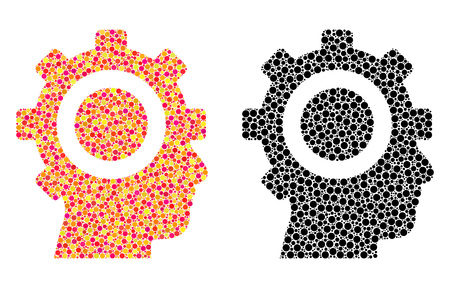 Dotted cyborg gear mosaic icons. Vector cyborg gear pictograms in colorful and black versions. Collages of variable circle elements.のイラスト素材