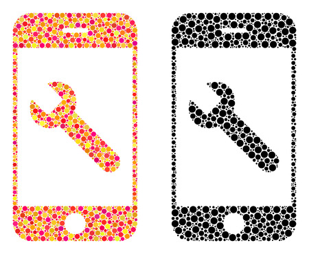 Dot smartphone options wrench mosaic icons. Vector smartphone options wrench icons in colorful and black versions. Collages of arbitrary round elements.のイラスト素材