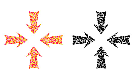 Dotted reduce arrows mosaic icons. Vector reduce arrows pictograms in bright and black versions. Collages of random circle spots. Vector compositions of reduce arrows icons made of random spots.のイラスト素材