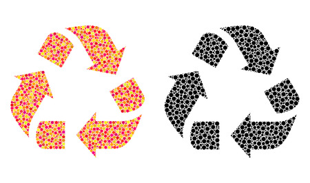 Dot recycle mosaic icons. Vector recycle pictograms in colorful and black versions. Collages of irregular round spots. Vector collages of recycle icons composed of irregular round elements.のイラスト素材