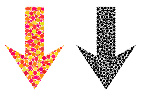 Dot arrow down mosaic icons. Vector arrow down icons in multi-colored and black versions. Collages of variable spheric spots. Vector compositions of arrow down images combined of variable spots.のイラスト素材