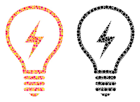 Pixel electric bulb mosaic icons. Vector electric bulb icons in multi-colored and black versions. Collages of different round spots.のイラスト素材