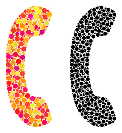 Pixel phone receiver mosaic icons. Vector phone receiver icons in multi-colored and black versions. Collages of variable circle dots. Vector concepts of phone receiver images done of random dots.のイラスト素材