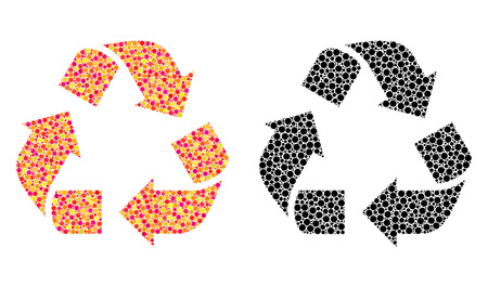 Dotted recycle mosaic icons. Vector recycle icons in colorful and black versions. Collages of variable circle spots. Vector concepts of recycle icons organized of randomized spots.のイラスト素材
