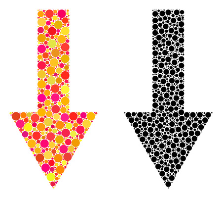 Dot arrow down mosaic icons. Vector arrow down pictograms in multi-colored and black versions. Collages of arbitrary circle elements.のイラスト素材