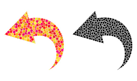 Pixel undo mosaic icons. Vector undo icons in bright and black versions. Collages of randomized circle spots. Vector compositions of undo icons created of arbitrary small spheres.のイラスト素材