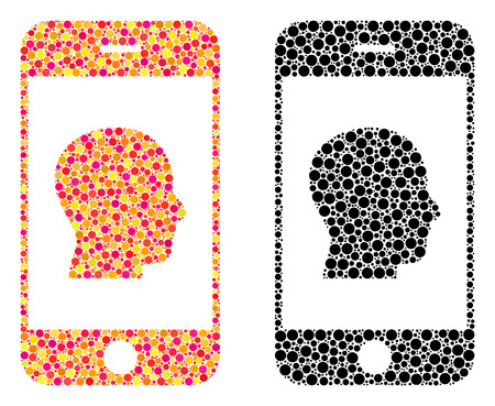 Pixel smartphone contact human portrait mosaic icons. Vector smartphone contact human portrait icons in multi-colored and black versions. Collages of random spheric elements.のイラスト素材