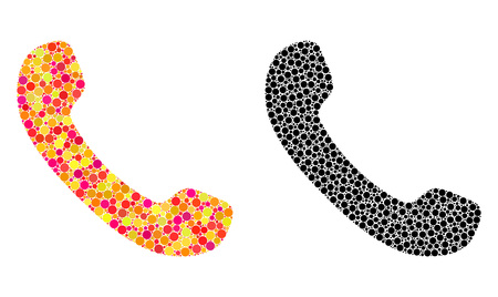 Dot phone receiver mosaic icons. Vector phone receiver pictograms in multi-colored and black versions. Collages of variable circle dots.のイラスト素材