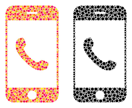Dotted cell phone mosaic icons. Vector cell phone icons in multi-colored and black versions. Collages of randomized round dots.のイラスト素材
