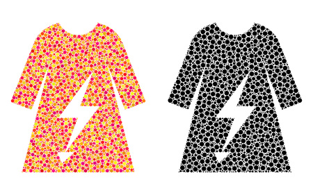 Dotted electric power lady dress mosaic icons. Vector electric power lady dress icons in multi-colored and black versions. Collages of random round spots.のイラスト素材