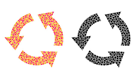 Dotted recycle mosaic icons. Vector recycle pictograms in multi-colored and black versions. Collages of irregular spheric elements. Vector collages of recycle icons composed of irregular round dots.のイラスト素材