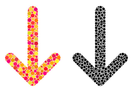 Pixel arrow down mosaic icons. Vector arrow down icons in multi-colored and black versions. Collages of irregular spheric dots. Vector concepts of arrow down icons formed of scattered round pixels.のイラスト素材