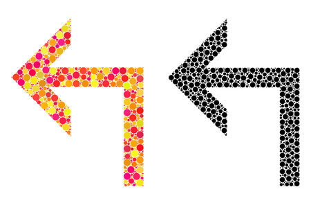 Dotted turn left mosaic icons. Vector turn left pictograms in multi-colored and black versions. Collages of randomized round spots.のイラスト素材