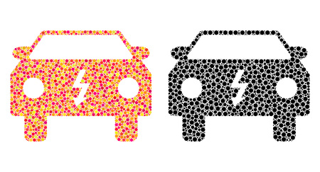 Dot electric car mosaic icons. Vector electric car pictograms in bright and black versions. Collages of different round dots. Vector concepts of electric car icons created with different round dots.のイラスト素材