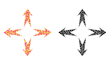 Dotted expand arrows mosaic icons. Vector expand arrows pictograms in bright and black versions. Collages of different spheric spots. Vector collages of expand arrows icons formed of different spots.のイラスト素材