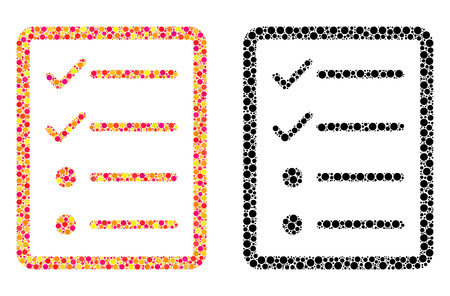 Dotted checklist page mosaic icons. Vector checklist page icons in multi-colored and black versions. Collages of casual spheric dots. Vector concepts of checklist page icons made of variable dots.のイラスト素材