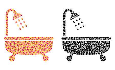 Dotted shower bath mosaic icons. Vector shower bath icons in colorful and black versions. Collages of randomized round spots. Vector collages of shower bath icons designed of different round elements.のイラスト素材