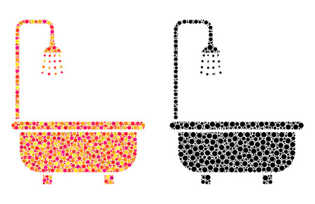 Dotted shower bath mosaic icons. Vector shower bath icons in multi-colored and black versions. Collages of random spheric dots.のイラスト素材