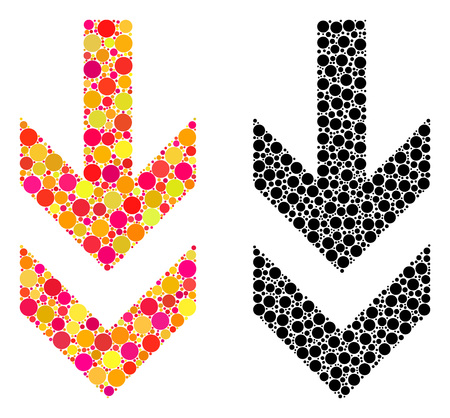 Pixel arrow down mosaic icons. Vector arrow down icons in multi-colored and black versions. Collages of arbitrary round elements. Vector collages of arrow down images formed of random round pixels.のイラスト素材
