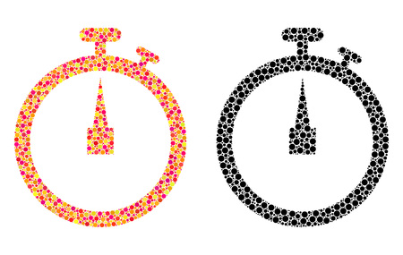 Dot stopwatch mosaic icons. Vector stopwatch pictograms in bright and black versions. Collages of irregular spheric elements. Vector compositions of stopwatch icons done of irregular small circles.のイラスト素材