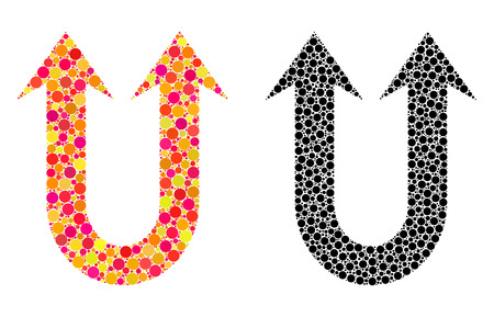 Dot double forward arrow mosaic icons. Vector double forward arrow icons in multi-colored and black versions. Collages of different circle spots.のイラスト素材