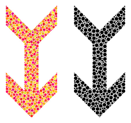 Pixel arrow down mosaic icons. Vector arrow down icons in multi-colored and black versions. Collages of casual circle spots. Vector collages of arrow down images created of casual circle elements.のイラスト素材