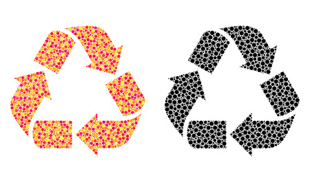 Pixel recycle mosaic icons. Vector recycle icons in colorful and black versions. Collages of different spheric elements. Vector collages of recycle icons done of scattered spots.のイラスト素材