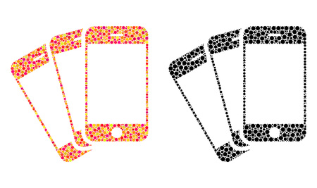 Pixel mobile phones mosaic icons. Vector mobile phones icons in multi-colored and black versions. Collages of casual spheric dots. Vector collages of mobile phones icons done of variable dots.のイラスト素材