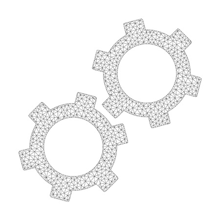Mesh vector gears icon on a white background. Polygonal wireframe grey gears image in low poly style with organized triangles, nodes and lines.のイラスト素材