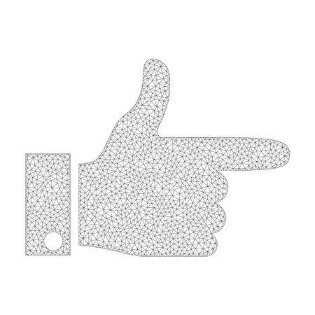Mesh vector hand pointer right icon on a white background. Polygonal wireframe gray hand pointer right image in lowpoly style with organized triangles, dots and linear items.のイラスト素材