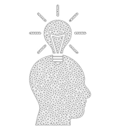 Mesh vector genius bulb icon on a white background. Mesh wireframe dark gray genius bulb image in low poly style with structured triangles, dots and linear items.のイラスト素材