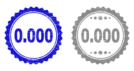 0.000 stamp seals with grunge texture in blue and grey colors isolated on white background. Vector rubber overlay of 0.000 text inside round rosette. Stamp seals with dust textures.のイラスト素材
