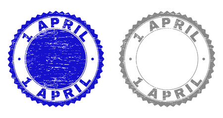 1 APRIL stamps with grunge texture in blue and grey colors isolated on white background. Vector rubber overlay of 1 APRIL caption inside round rosette. Stamp seals with grunge styles.のイラスト素材